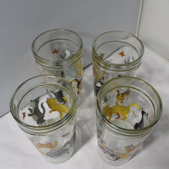 Set of 4 Anchor Hocking Cats on a Fence Playful Kittens Glass Drinking Cups - Picture 3 of 12